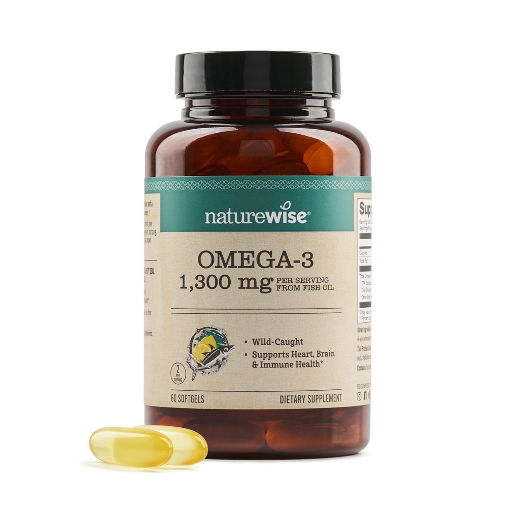 NatureWise Ultra Omega 3 Fish Oil 2200 mg - Triglyceride Form - Citroensmaak - Wild-Caught Fish Oil + EPA & DHA - Ondersteunt Hersen- en Hartgezondheid - Burpless, Non-GMO - 60 Softgels[1-Maande Levering]