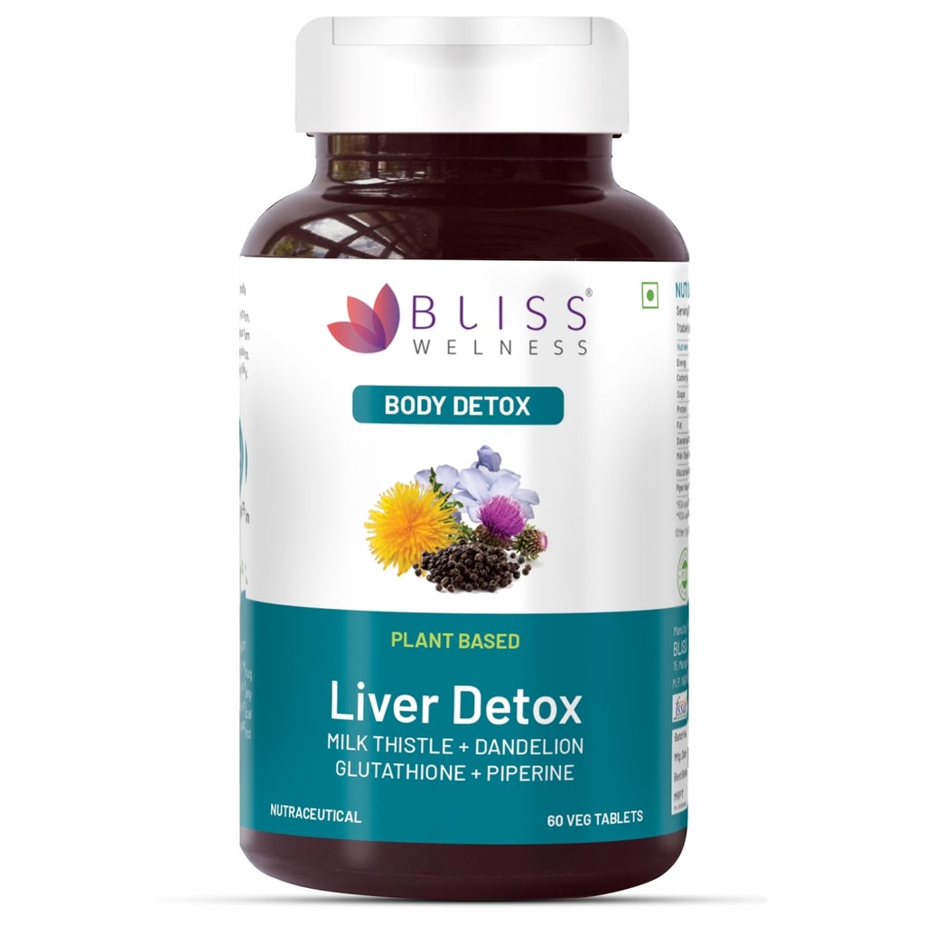 Bliss Welness Liver Detox | Milk Thistle, Silymarin Dandelion, Glutathione, Piperine Extract | Liver Protection | Liver Support Refresher Care Detox Cleansing Health Supplement (1 Month Pack (60 Tablets))