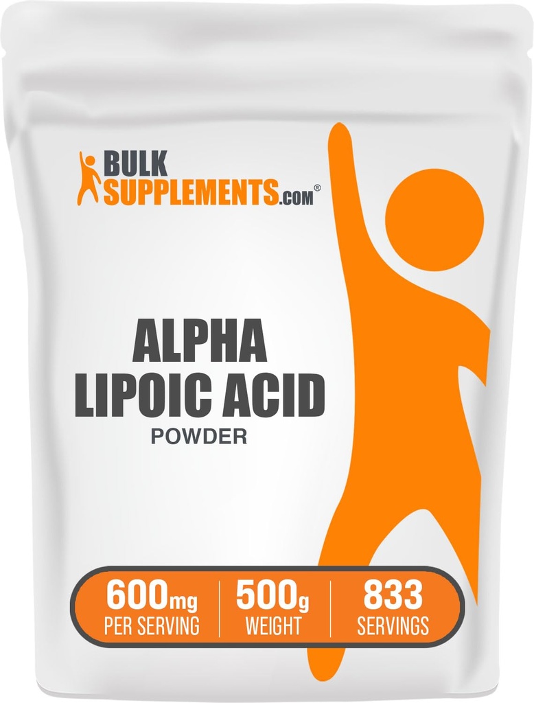 BulkSupplements.com poudre acide lipoïque alpha - supplément ALA, supplément antioxydant - sans gluten, 600mg par portion, 500g (1,1 lb) (paquet de 1)