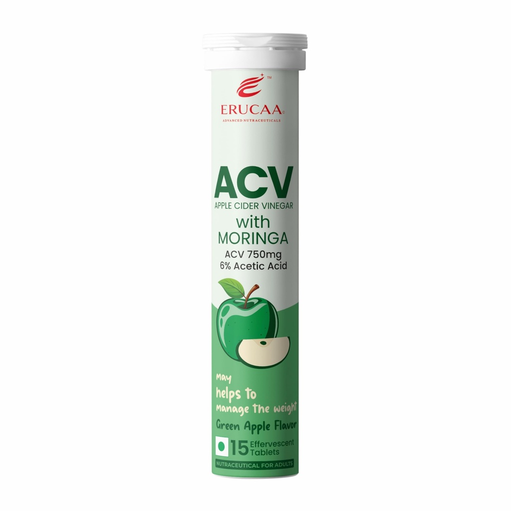 ACV Moringa | Control Cravings I Apple Cider Vinegar, Cinnamon, Guggul I No Maltodextrin & No Added Sugar I 15 Effervescent Tablets - Green Apple,