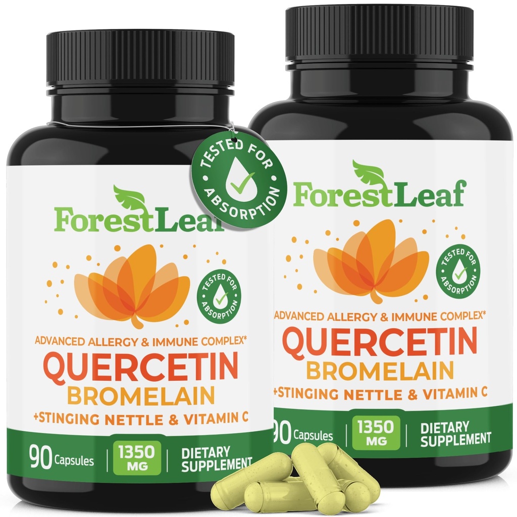 ForestLeaf Quercetine met bromelaïne - 1350mg Blend with Vitamin C & Stinging Nettle, Advanced Quercetin 500mg Supplement, Non-GMO Glutenvrij, Natuurlijke Immune & Respiratory Functie 180 Veggie Capsules