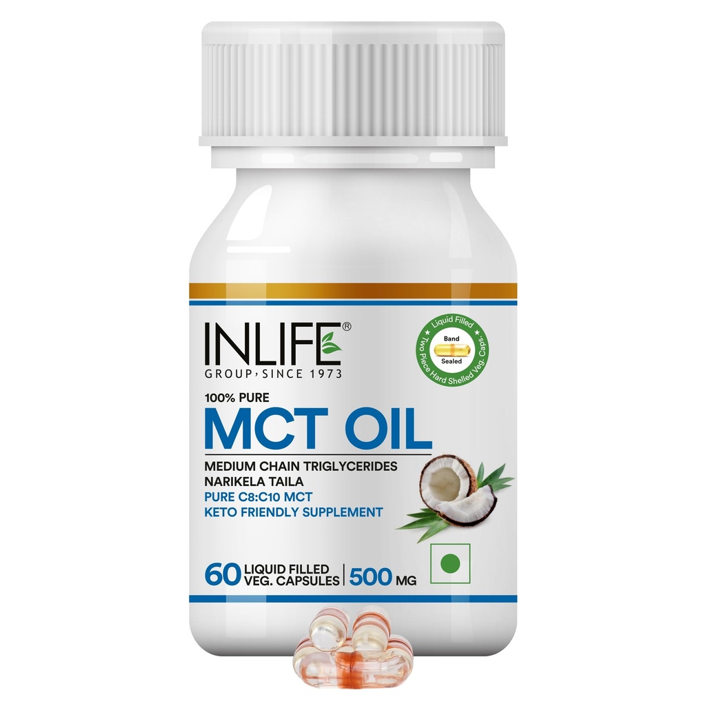 INLIFE MCT Oil Capsules 500mg Supplement, C8 C10 Coconut, 60 Veg Caps