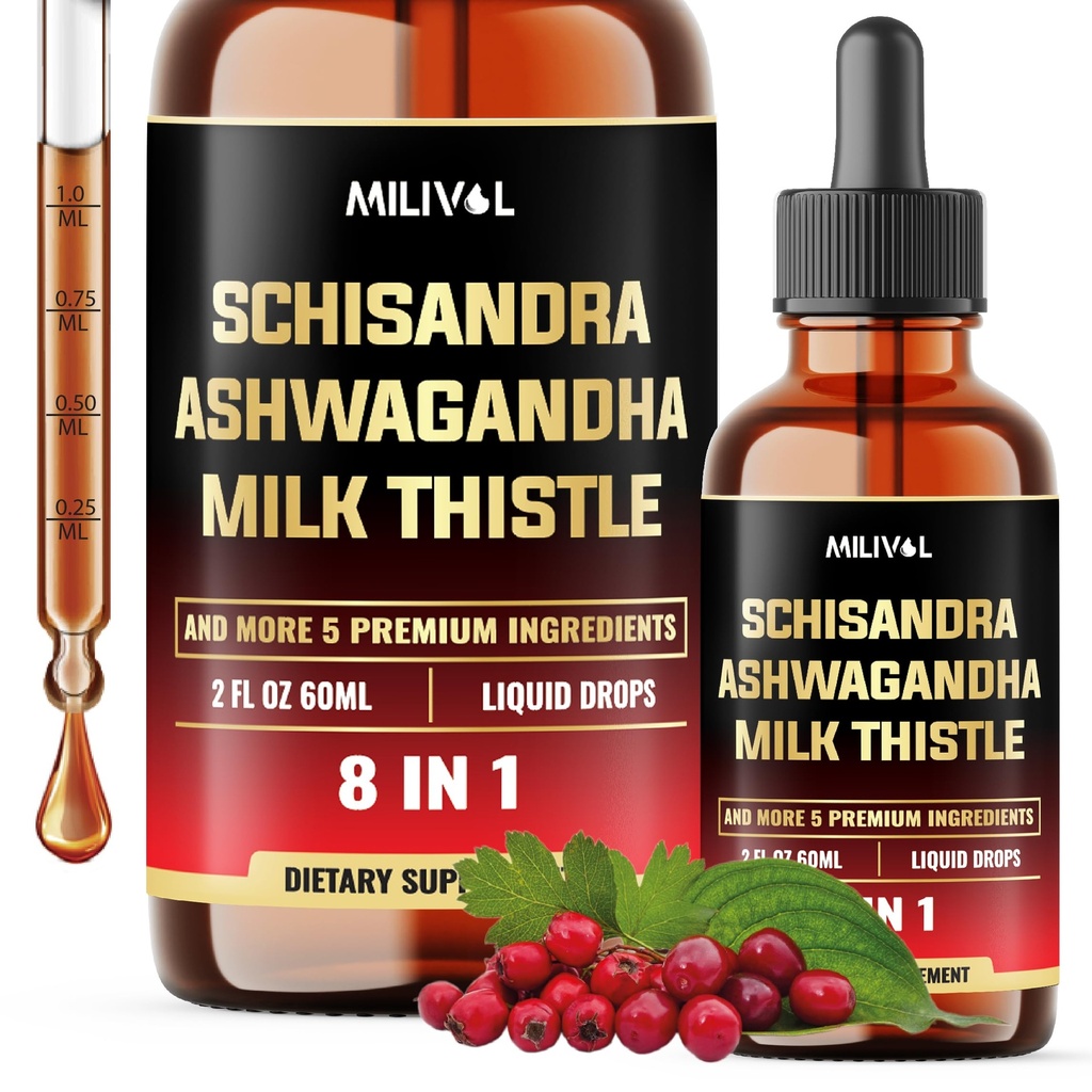 8in1 Schisandra Berry druppels met melkdistel, Ashwagandha, Rhodiola Rosea, Holy Basil, Artichoke, Dandelion Root & Turmeric Curcumin - 2 Fl Oz voor 2 maanden levering