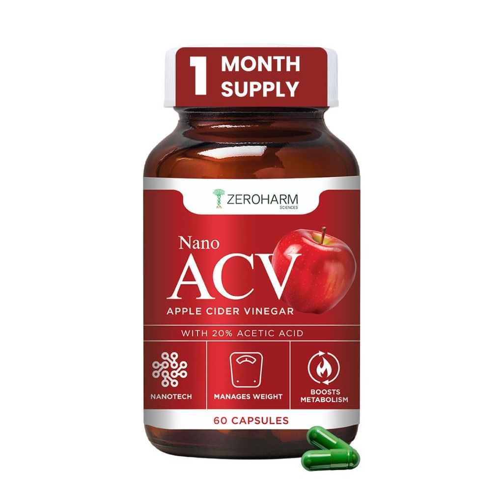 ZEROHARM Nano Apple Cider Vinegar (ACV) 500mg with 20% Acetic Acid | Supports Metabolism, Cravings & Appetite Control | Aids Gut Health, Digestion & Weight Management | Men & Women | 60 Capsules