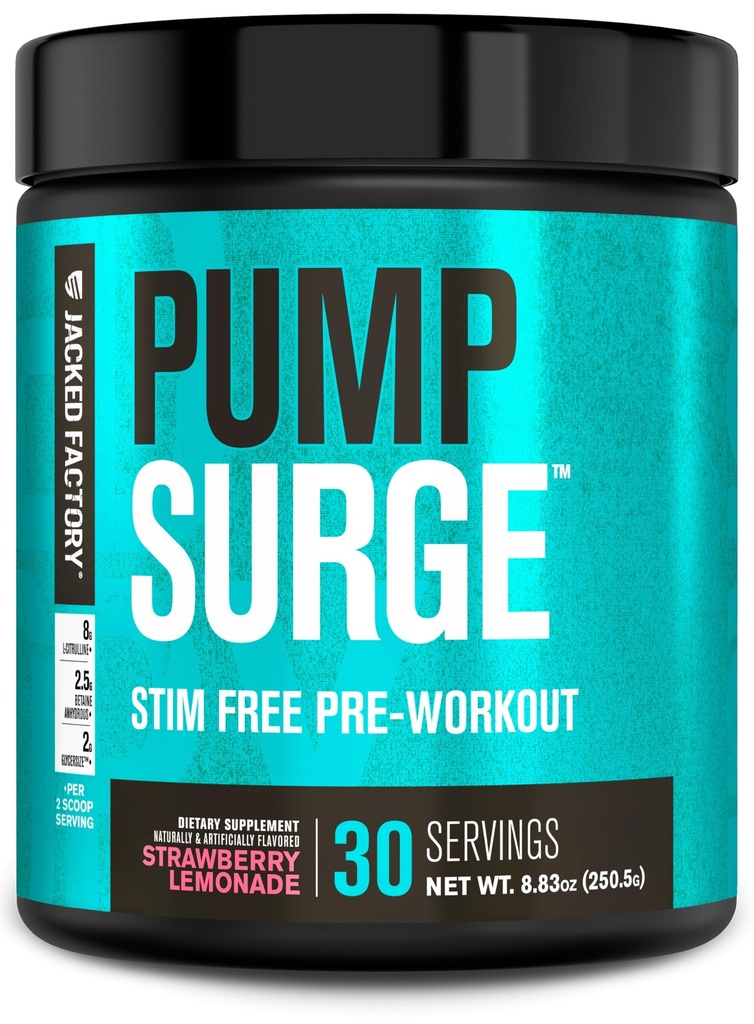Ge Jacked Factory Pumpsurge Cafeïne Gratis pre-workout voor mannen en vrouwen - Nootrope Booster & Stim Free Pre-workout - Intense Pumps, Enhanced Focus - 30 porties, aardbeien limonade