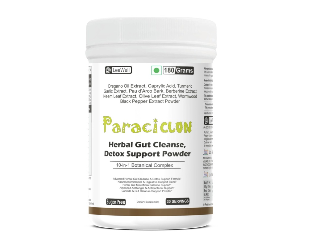Paraciclon by Leewell Herbal Gut Cleanse Detox Support Powder | Stomach, Colon Cleanser | Oregano Oil, Caprylic Acid, Garlic Extract, Pau d'Arco, Berberine, Neem, Olive Leaf, Wormwood Extract -180g powder