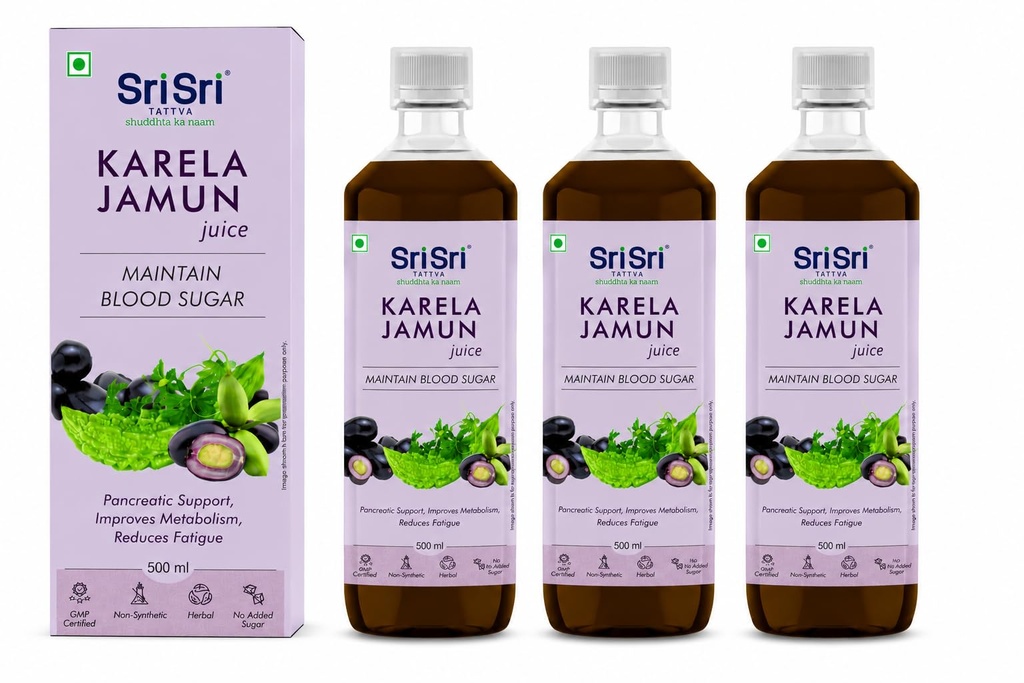 Sri Sri Tattva Karela Jamun Juice | Ayurvedic Herbal Juice for Metabolic & Digestive Wellness | Bitter Gourd & Jamun with Amla, Neem & Giloy | 500ml | Pack of 3