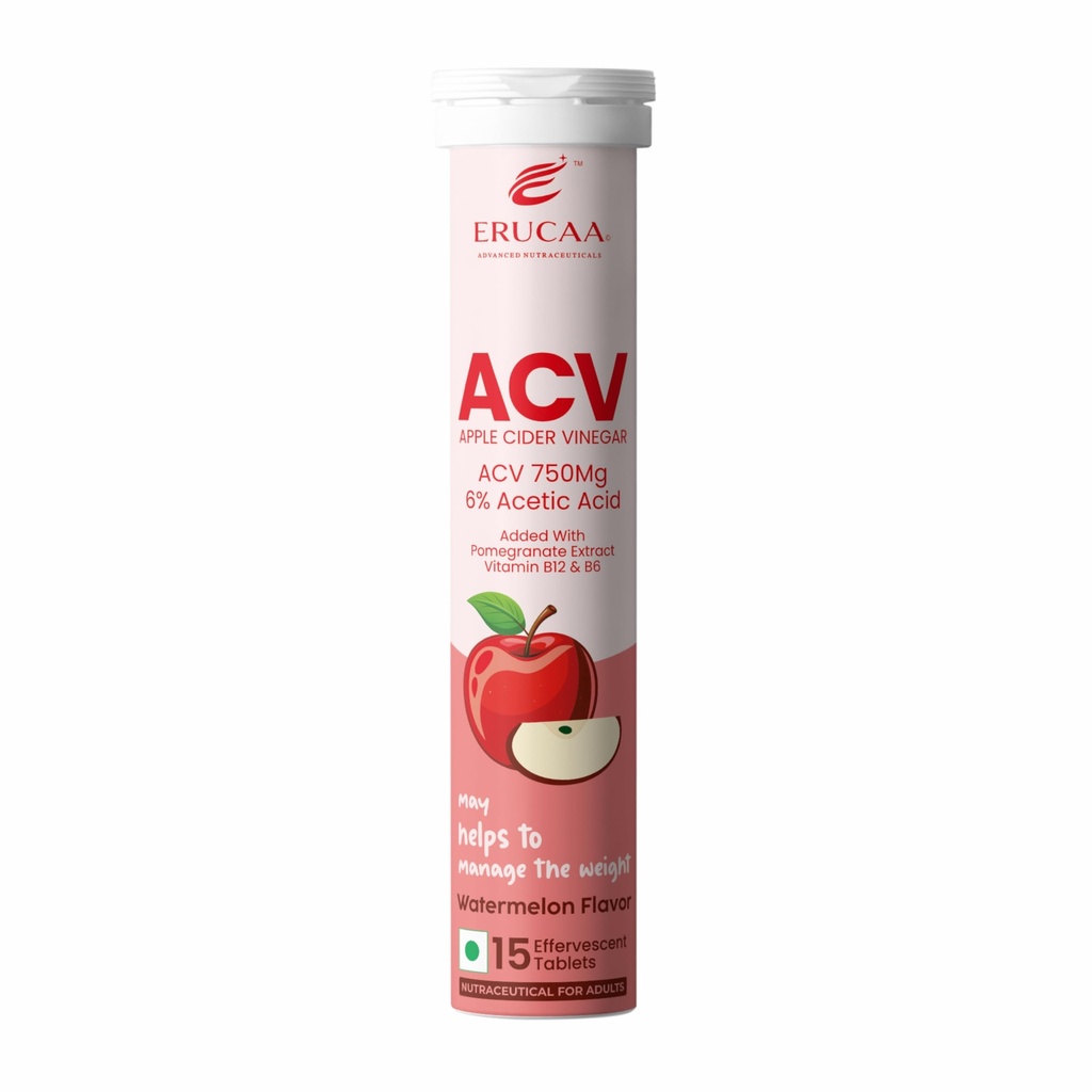 ACV Effervescent Health Supplement | Apple Cider Vinegar 750mg with Pomegranate Extract, Vitamin B6 & Vitamin B12 | Watermelon Flavour | 15 Effervescent Tablets