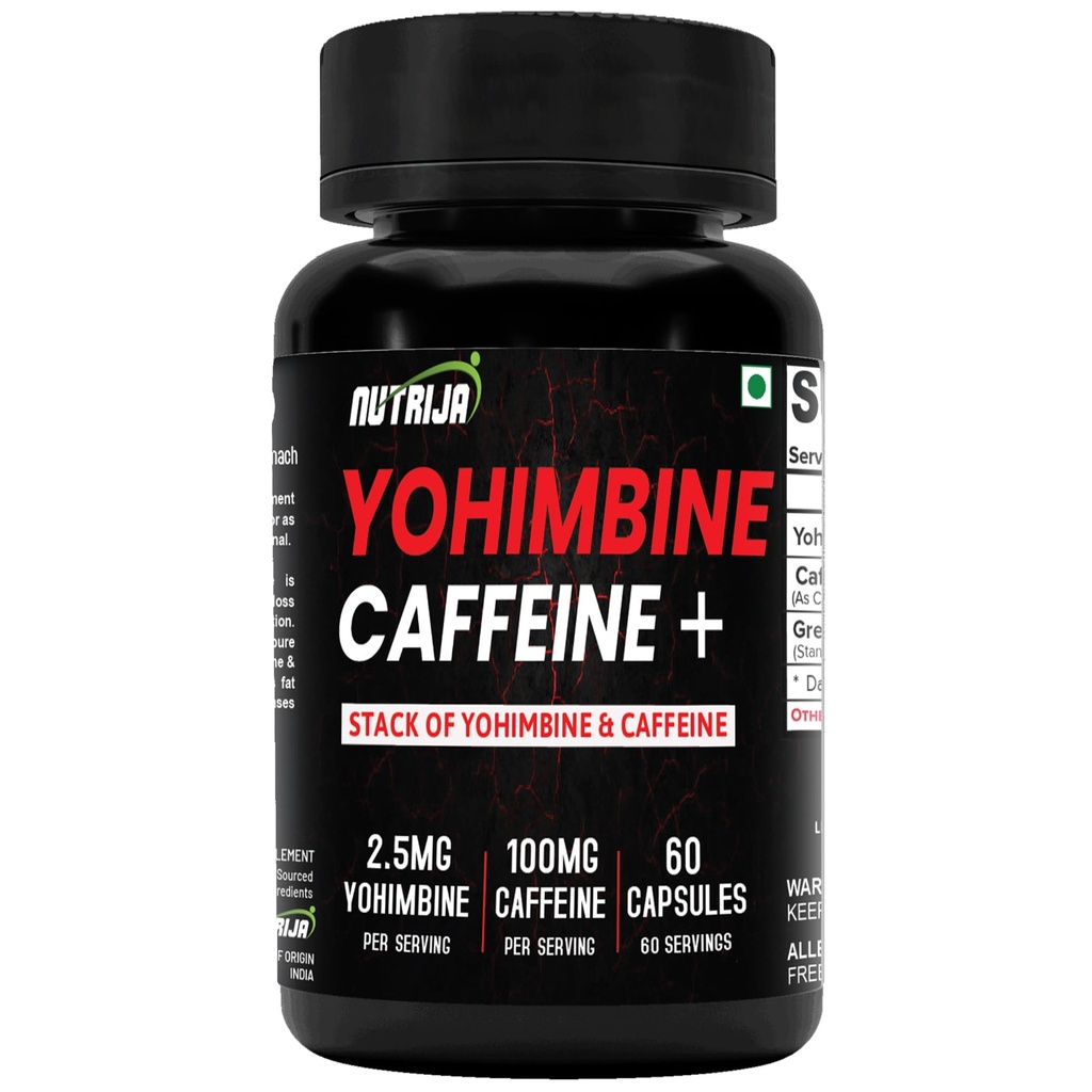NutriJa Yohimbine Plus Caffeine | Stack of Yohimbine 2.5mg, Caffeine & Green Tea Extract | Perfect Synergy Promotes fat loss, Energy & Focus (Pack of 2 60 capsules (120 Capsules))