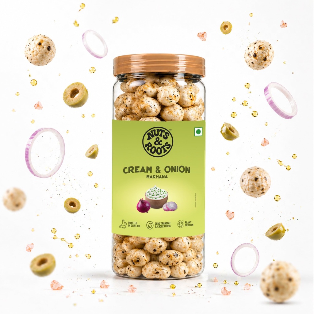Nuts & Roots Cream & Onion Roasted Makhana | Roasted in Olive Oil | Plant Protein | Zero Trans Fat & Cholesterol | Healthy Snack |70g Each