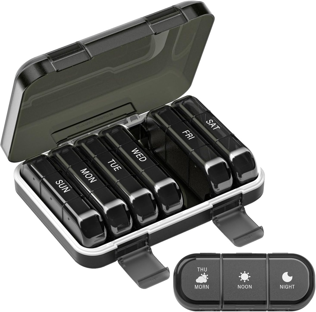 Organisateur hebdomadaire de pilules 3 fois par jour, boîte à pilules portable de 7 jours pour pilules, vitamines, huile de poisson, médicaments, suppléments (3x7 noir)
