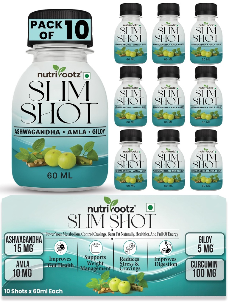 SLIM SHOT 60ML (PACK OF 10) | Ayurvedic Slim Juice with Ashwagandha, Amla & Giloy | Supports Healthy Weight Management | Aids Metabolism, Digestion & Detox | For Women and Men