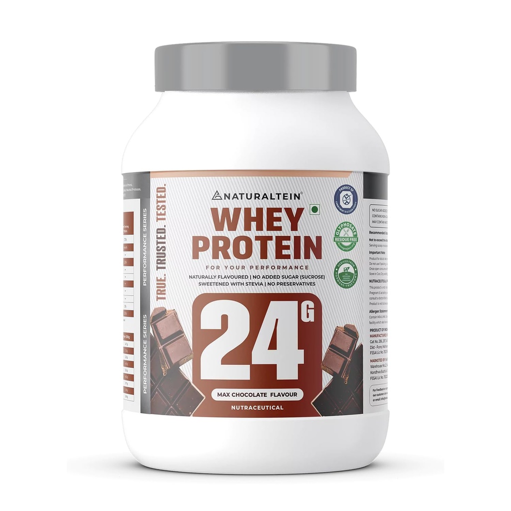 NATURALTEIN Whey Protein – 24g Protein per Serving | Max Chocolate Flavour | Stevia Sweetened | No Added Sugar | Non-GMO | Soy-Free & Gluten-Free | Smooth Texture & Super Mixability | 1 kg