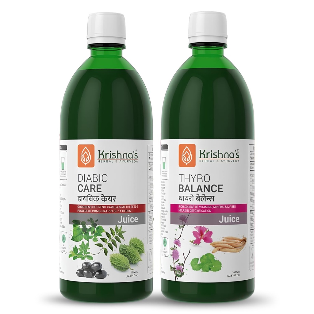 Krishna's Diabic Care Juice & Thyro Balance Juice Combo With Goodness of Methi, Amla, Karela, Jamun & 20+ Herbs for Sugar, Metabolism & Thyroid Wellness - 1000 ml Each (Combo Pack of 2)
