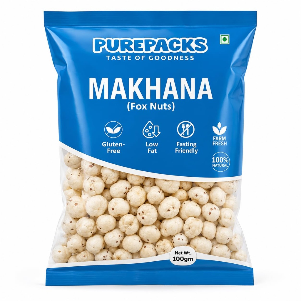 PurePacks Makhana Fox Nuts, Gluten-Free, Low Fat, Fasting Friendly, 100% Natural Healthy Snack, 100g
