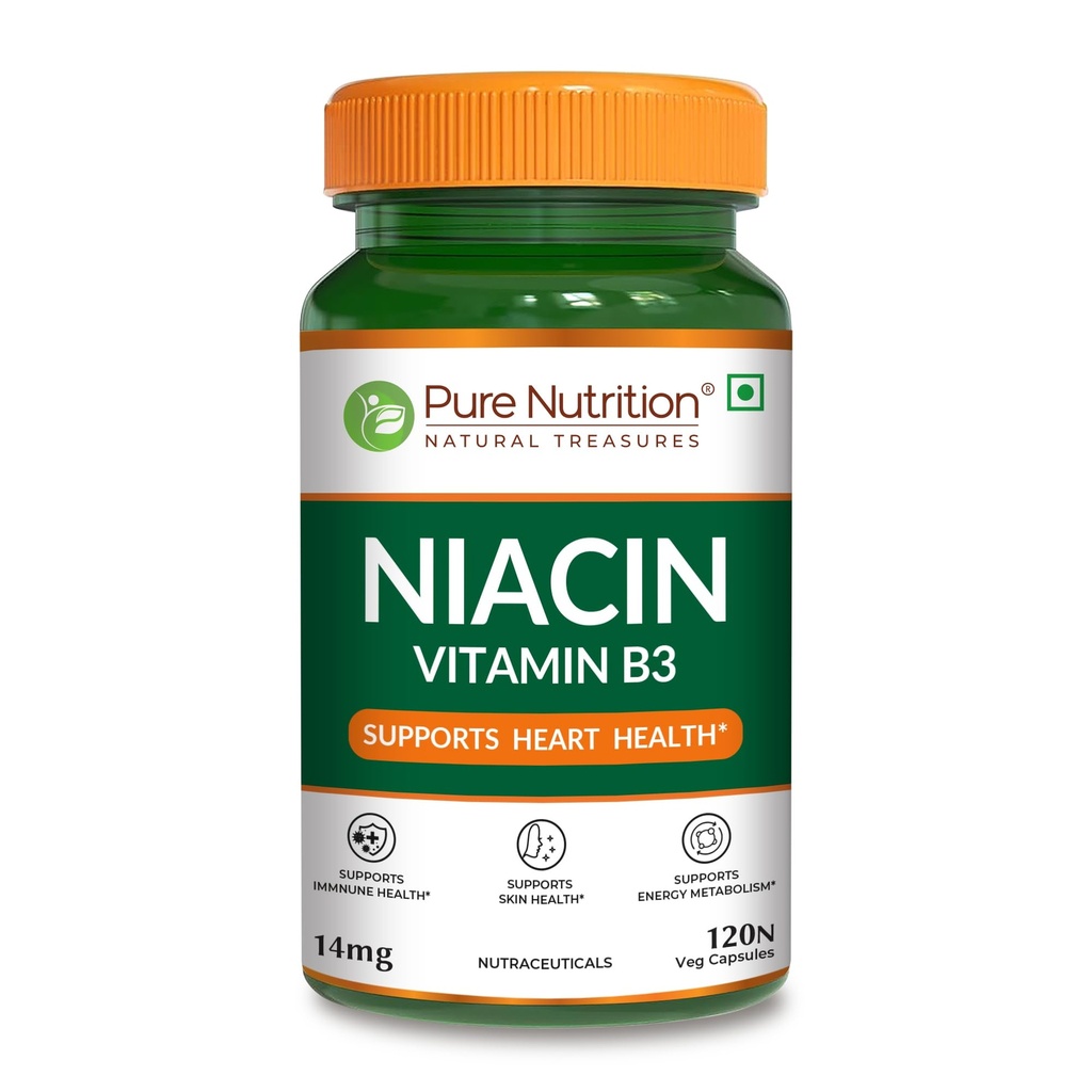 Pure Nutrition Niacin Vitamin B3 Supplement 14 mg | Vitamin B3 Niacinamide Supplements Supports Immune Function, Cellular Energy, Skin Health & Energy Metabolism – 120 Veg Capsules