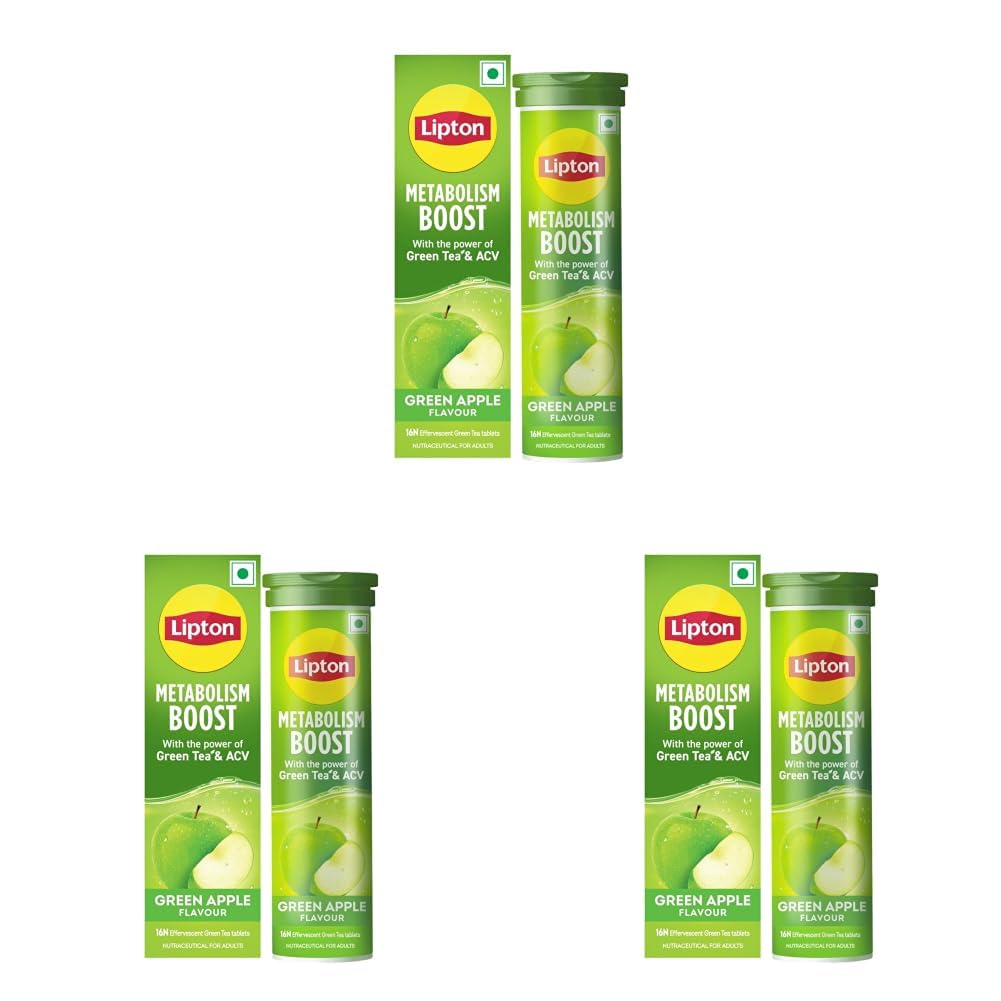 Lipton Metabolism Boost with 150mg Green Tea Catechins and 50mg ACV (Apple Cider Vinegar) | For Weight Loss & Fat Burn | Zero Calories | 16N Effervescent Tablets | Green Apple Flavour (Pack of 3)