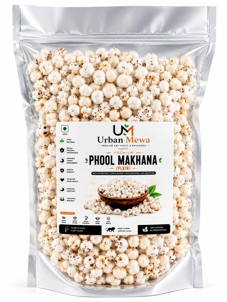 Urban Mewa Premium Phool Makhana 250gm – 100% Natural Plain Fox Nuts Superfood | Rich in Protein, Calcium & Low Calorie Diet Snack for Weight Management | Crispy Gluten-Free Raw Lotus Seeds for Roasting, Kheer & Smoothies