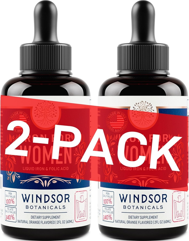 WINDSOR BOTANICA Liquid Iron Supplement for Women 2-pack - Folic Acid, Vitamine C, Vegan Liquid Iron Supplements for Anemia, Menstruation, Premium Support - Drops Orange Flavor - 2x2oz