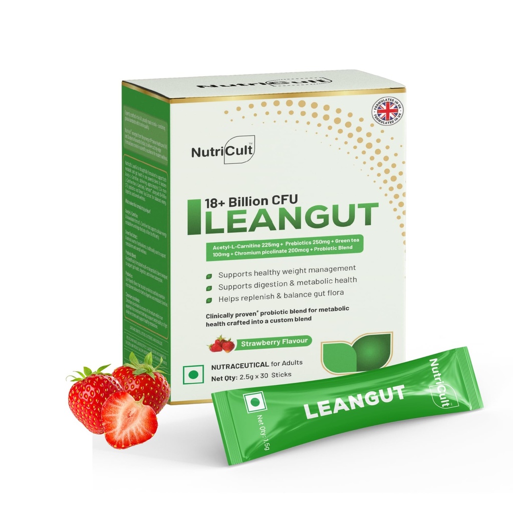 LeanGut Sticks with Acetyl L-Carnitine, Green Tea Extract & Probiotics | Gut Health, Metabolism & Digestive Support | For Men & Women | 30 Sticks | Strawberry