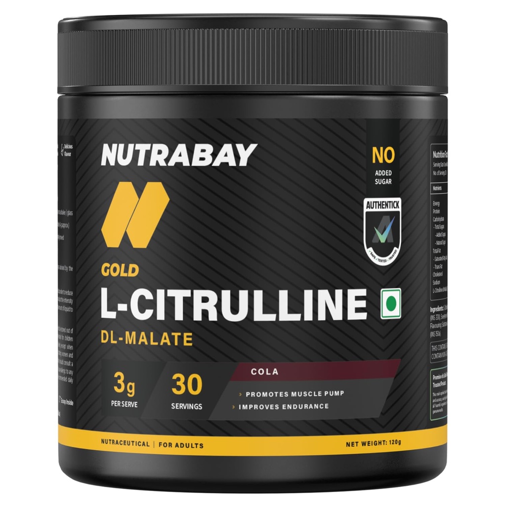 Nutrabay Gold Citrulline Malate 2:1 Supplement Powder 120g, Cola Flavor – Boosts Nitric Oxide – Pre Workout for Muscle Pump, Improved Endurance & Recovery | Tested for Purity | No Banned Substances