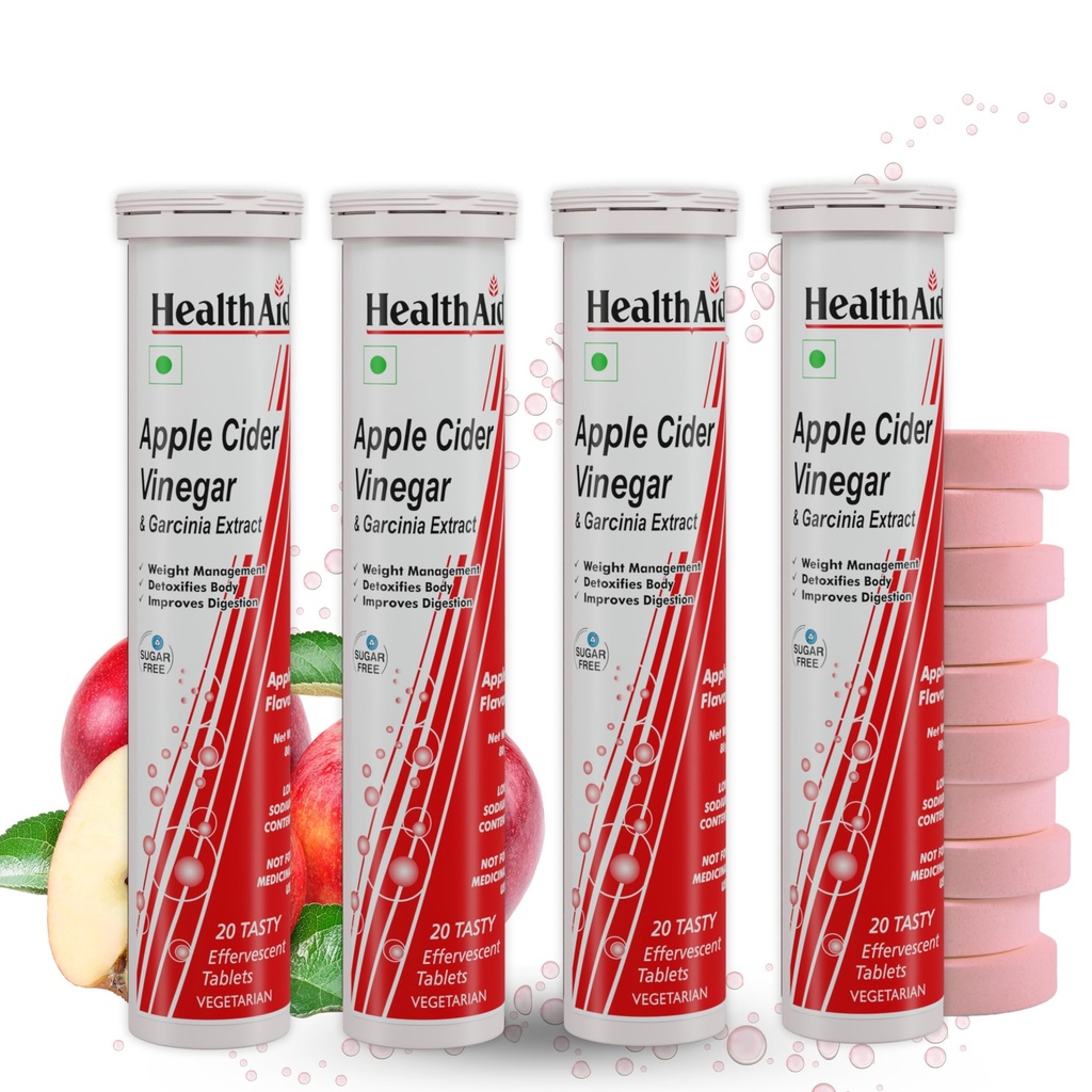 HealthAid Apple Cider Vinegar with Garcinia Cambogia Extract – 20 Sugar-Free Effervescent Tablets | Supports Healthy Digestion, Metabolism & Gut Balance | Enriched with Vitamins B6 & B12 for Energy & Wellness | Pack of 4