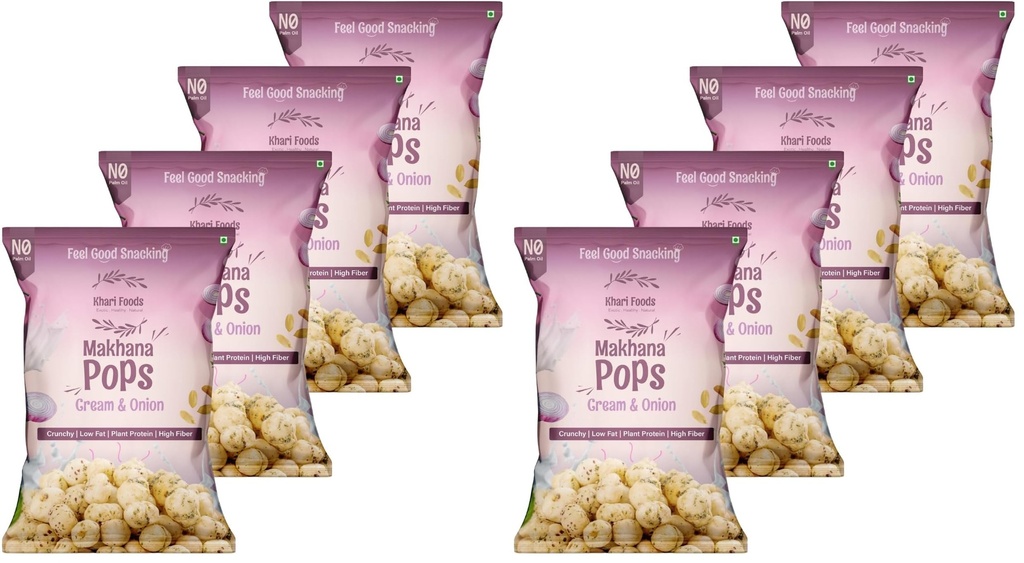 Khari Foods Premium Flavoured Makhana 25g, Crunchy & Roasted Makhana Pops, Protein Source, Fibre Rich, No Palm Oil, Gluten Free (Cream & Onion Pack 4) (Pack of 2)