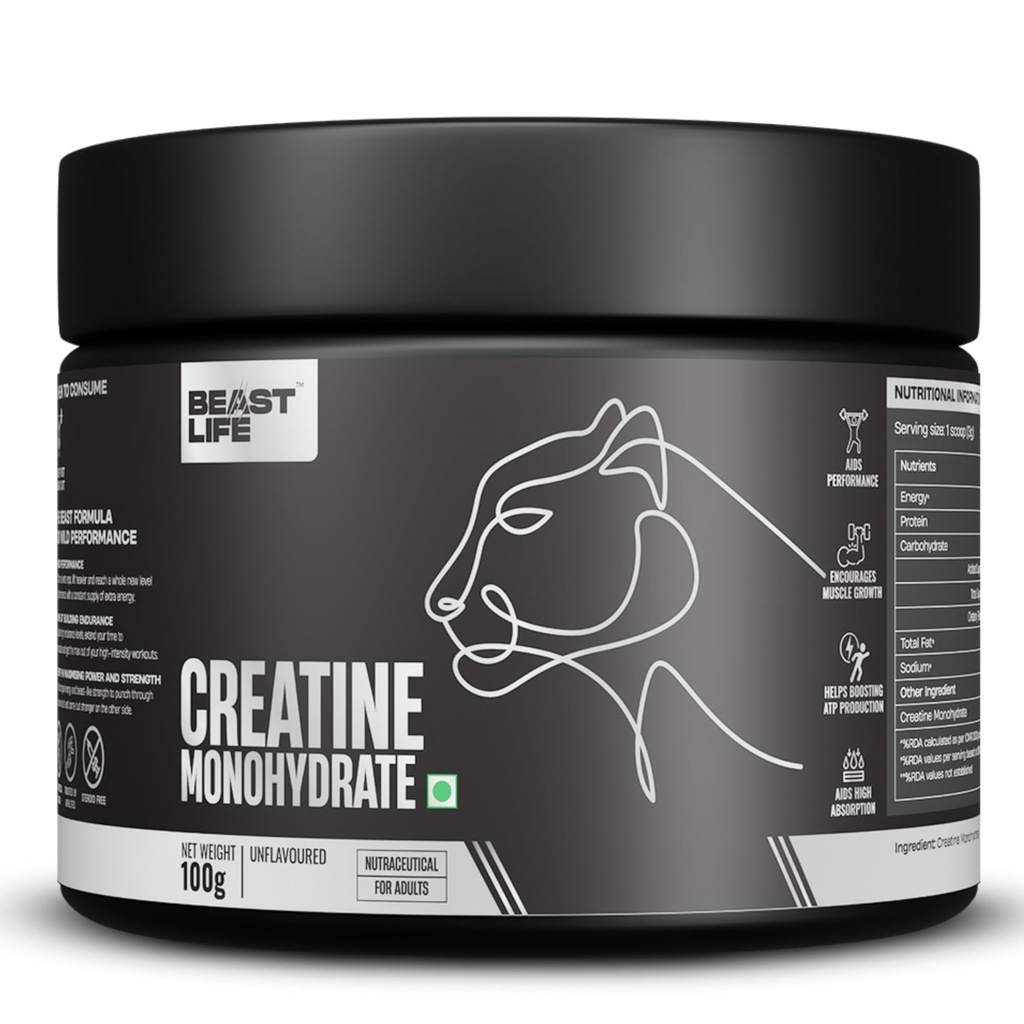 BeastLife Creatine Monohydrate Powder 100g (33 Servings) Unflavoured | Super Micronized for Fast Absorption | NABL Lab Tested | Boosts Strength & Athletic Performance