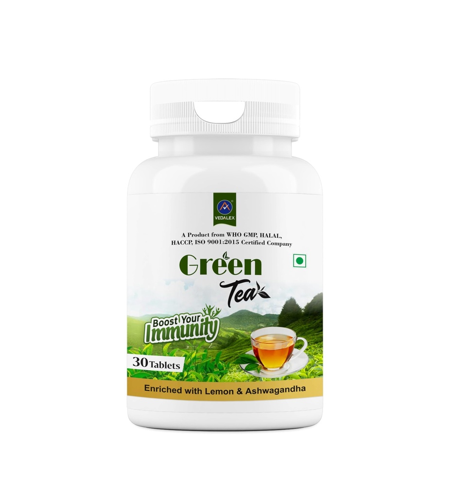 Green Tea Tablets for Immunity & Metabolism | Enriched with Lemon & Ashwagandha | Herbal Supplement | 30 Tablets