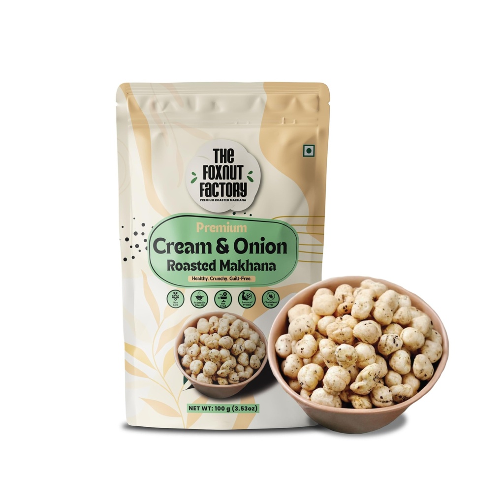 The Foxnut Factory Cream & Onion Roasted Makhana | 100g | Crunchy Fox Nuts | Gluten-Free, Not Fried, Ready-to-Eat Snack”