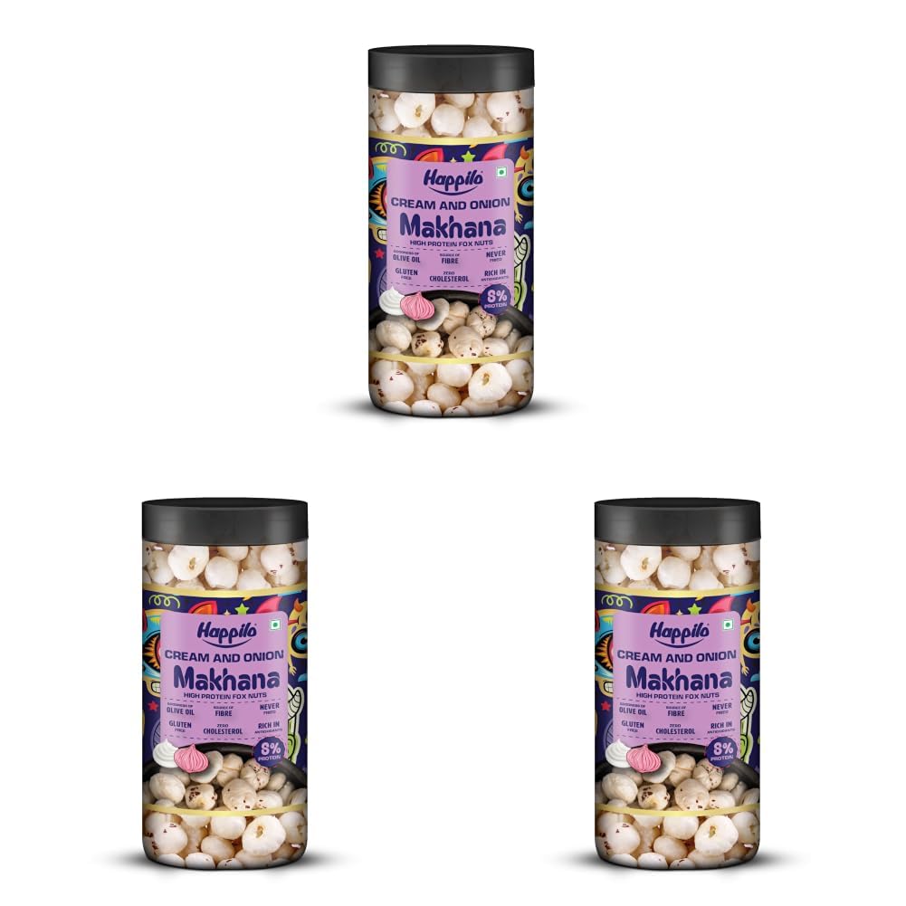 Happilo Premium Makhana Cream & Onion Jar 80g | Roasted Foxnuts, Phool Makhana | Healthy Snacks | Low Calorie, Vegan & Crunchy (Pack of 3)