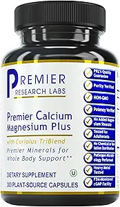 Premier Research Labs Calcium Magnesium Plus - Calcium Magnesium Supplement, Calcium Supplement, Pure Magnesium, Mushroom Complex met Reishi & Lions Mane - 300 Vegetarische Capsules