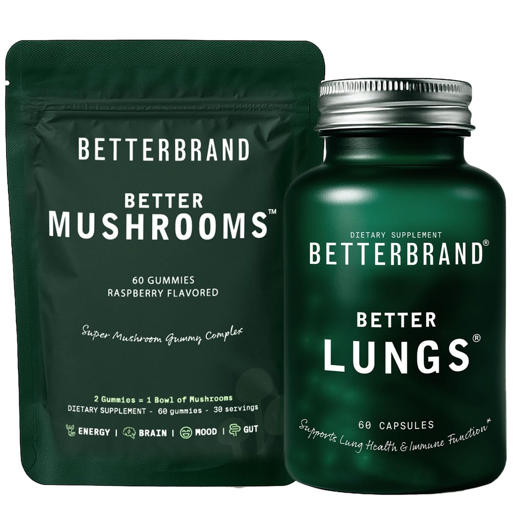 Betterbrand Better Longs & Paddestoelen Bundle - Dagelijkse Respiratory Health Supplement & Mushroom Gummies ter ondersteuning van Gut Health Bundle