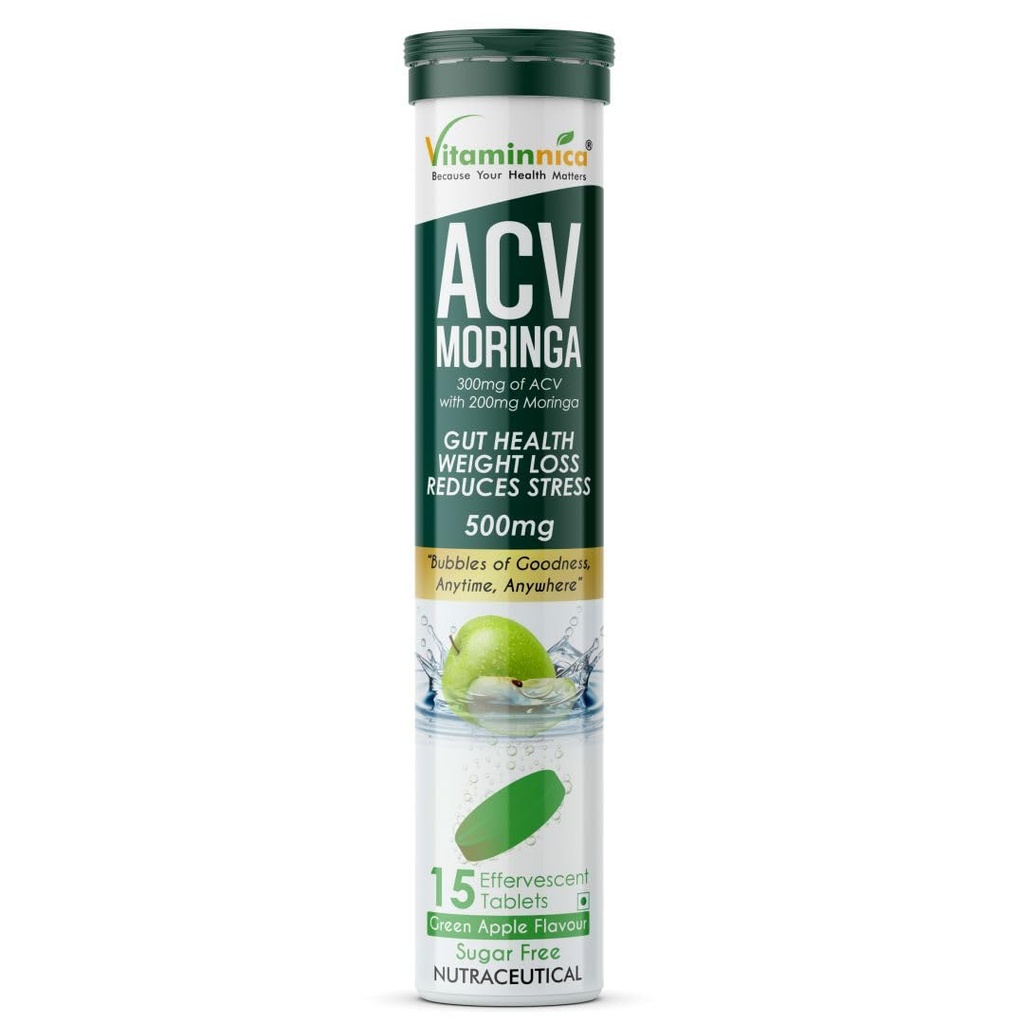 Vitaminnica ACV Moringa Effervescent Tablets To Control Cravings | Reduces Stress, Gut Health, Weight Loss | Sugar Free | 15 Tablets Each (Pack of 1, Green Apple)