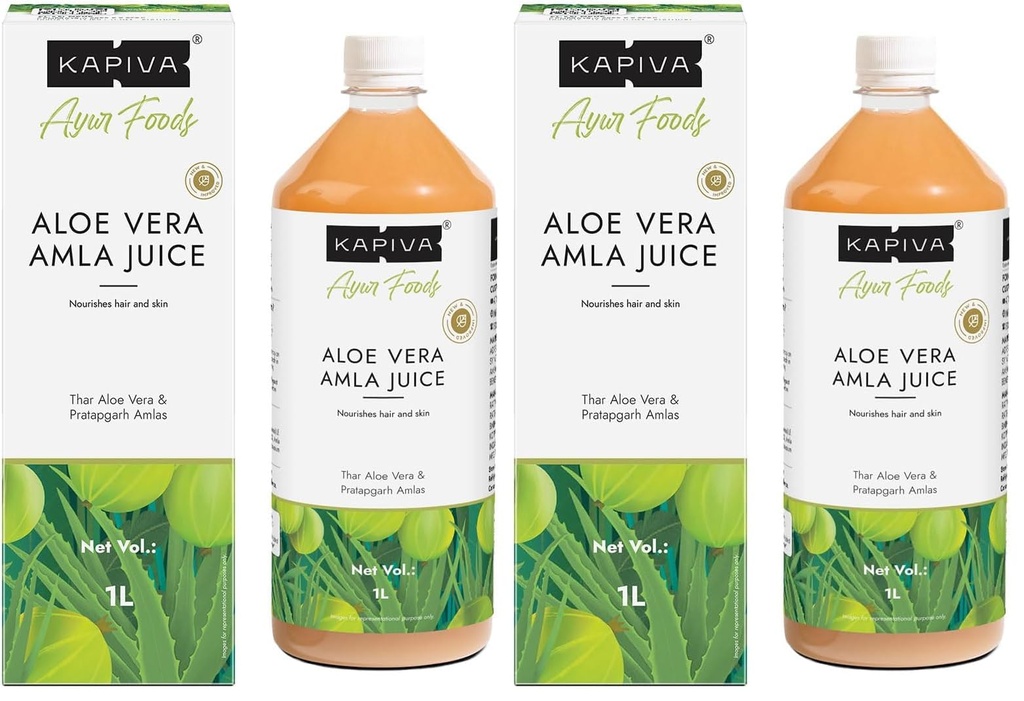 Kapiva Aloe Vera + Amla Juice | Cold-pressed Juice for Glowing Skin | Helps with Metabolism (1L) (Pack of 2)