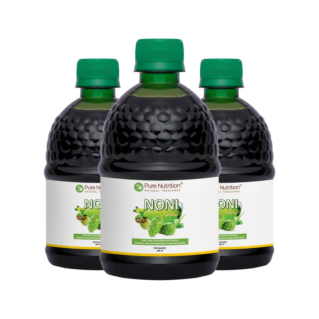 Pure Nutrition Noni Gold Detox Juice | Body Detox Drinks for Cleansing Body With Garcinia, Aloe Vera, Amla, Ashwagandha & Grape Seed Extract | Supports Diabetes Care, Digestion, Immunity & Skin Health - 400ml (Pack of 3)