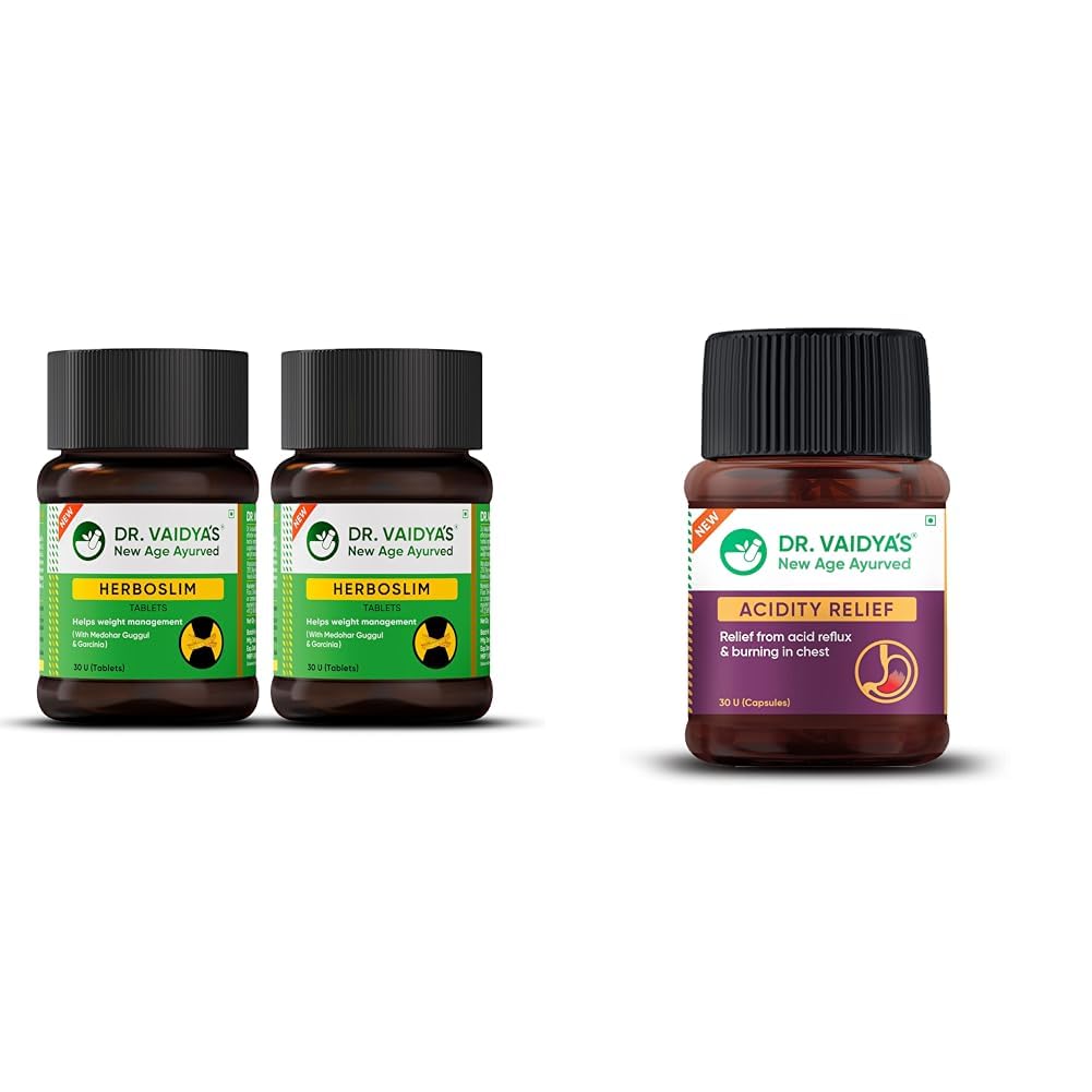 Dr. Vaidya's Herboslim Tablets | Ayurvedic Weight Loss Supplement | Strong Fat Burner for Men & Wo | DR. VAIDYA'S Acidity Relief Capsules Ayurvedic Medicine For Acidity and Gas, 30 Capsules (30 Count