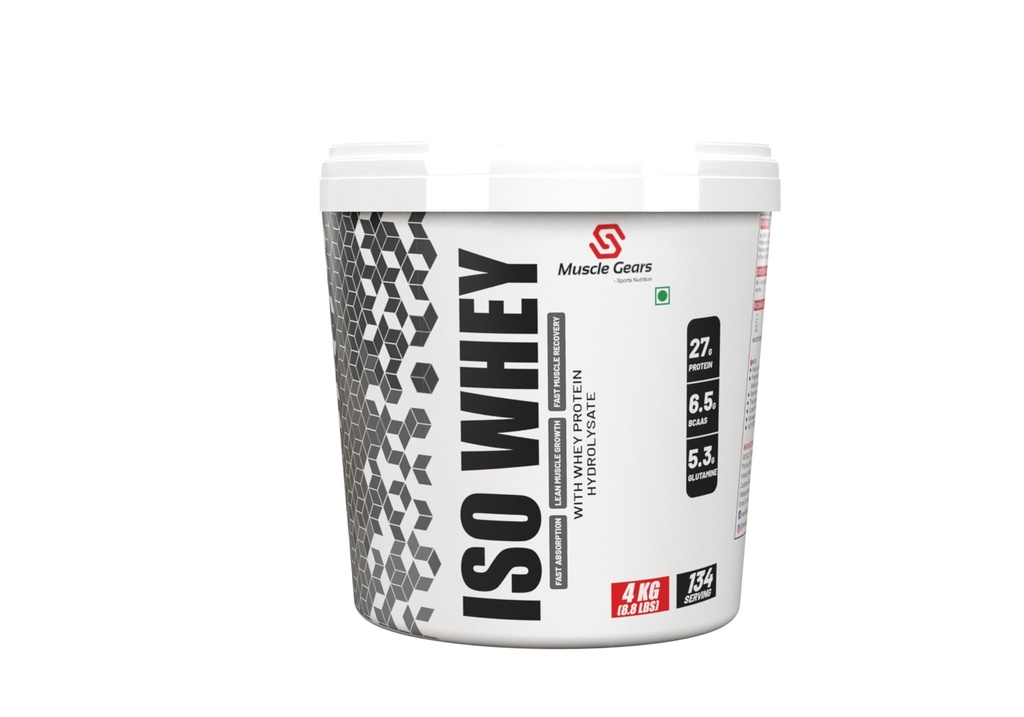 Muscle Gears ISO Whey Protein | 27g Protein | 6.5g BCAAs | 5.3g Glutamine | Whey Protein Hydrolysate Formula | Fast Absorption & Muscle Recovery | Chocolate Flavor | 4kg (8.8 lbs)