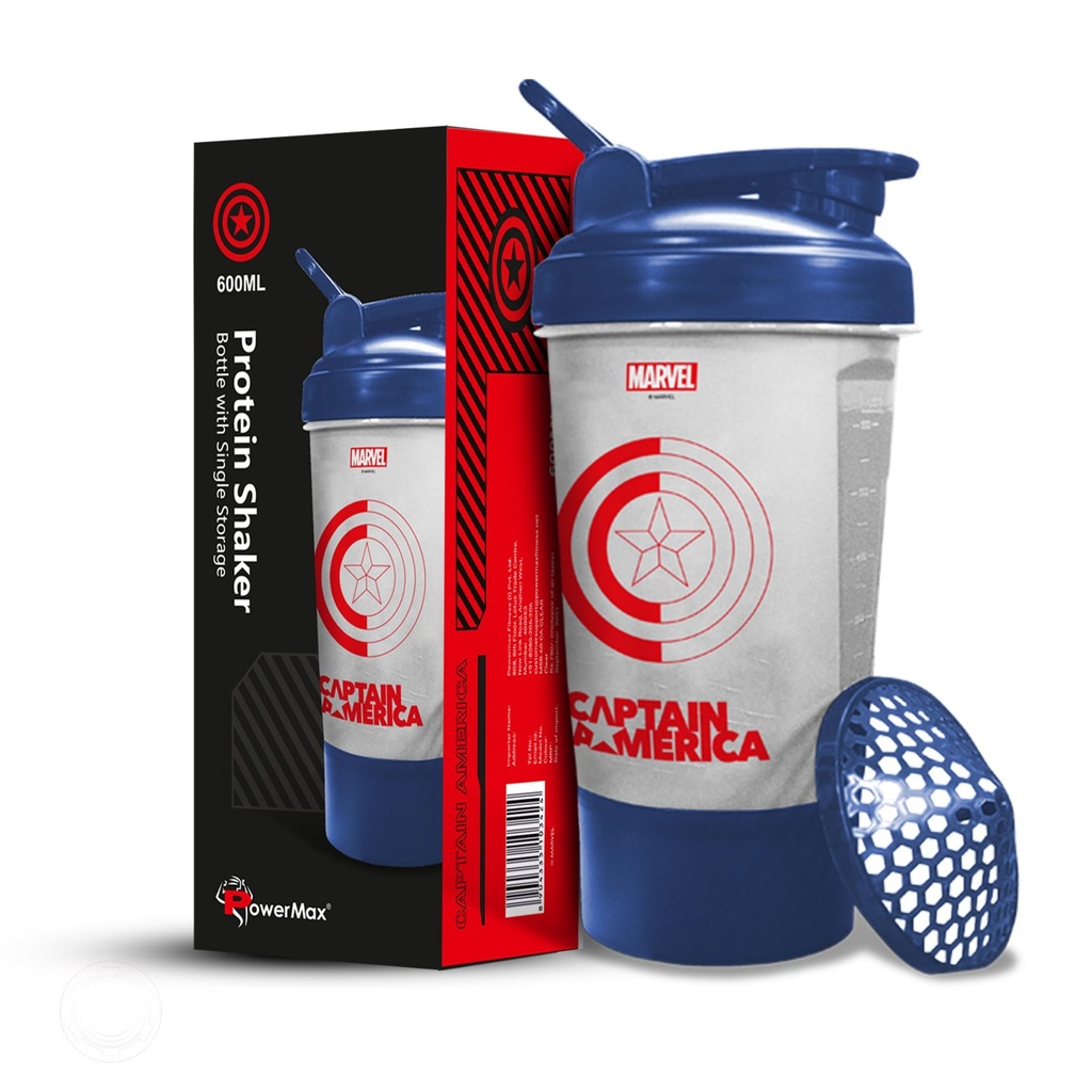 PowerMax Fitness Captain America Marvel Edition Shaker Bottle 600Ml, 100% Leakproof Guarantee Sipper Bottle Ideal For Protein, Pre-Workout And Bcaas, Bpa Free Material, Plastic (Clear)