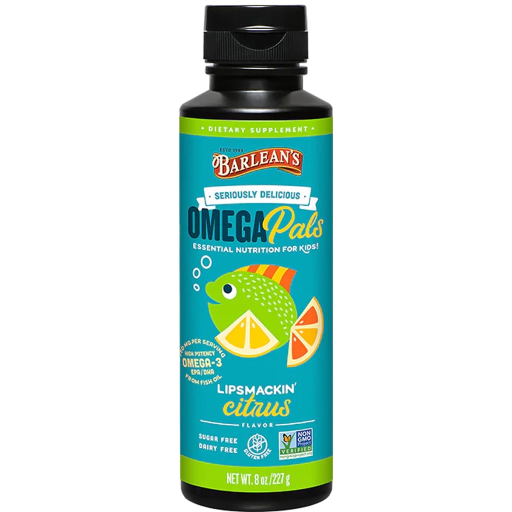 Barlean's Omega Pals Lipsmackin' Citrus Aromatisé Omega-3 pour les enfants, supplément d'huile de poisson liquide pour les enfants avec 750 mg d'EPA & DHA pour la santé du cerveau et des yeux, 8 oz