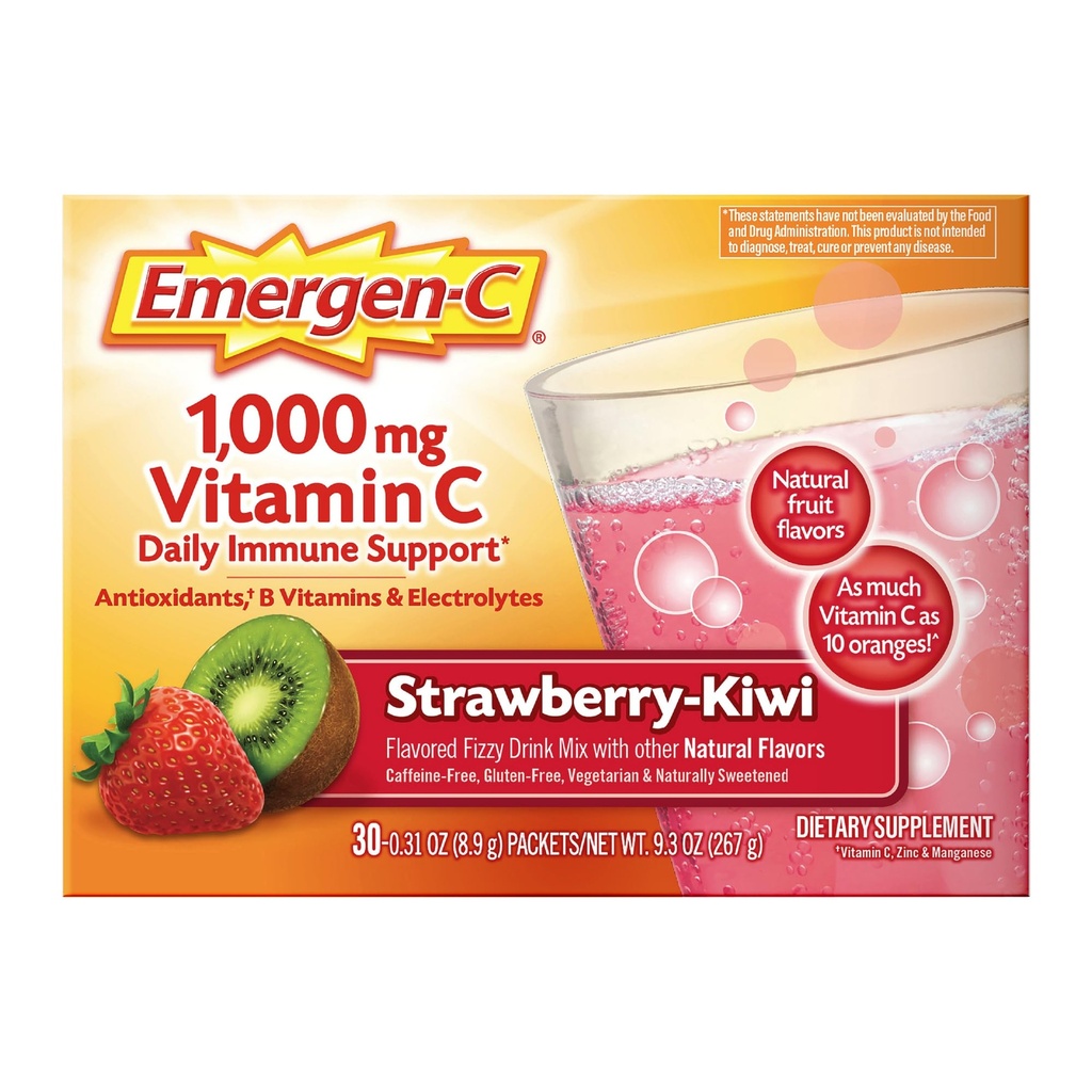 Emergen-C 1000mg Vitamine C Immune Support Poudre Fraise Kiwi 30CT comprend Zinc, Manganèse, 7 B Vitamines et électrolytes pour les essentiels de retour à l'école