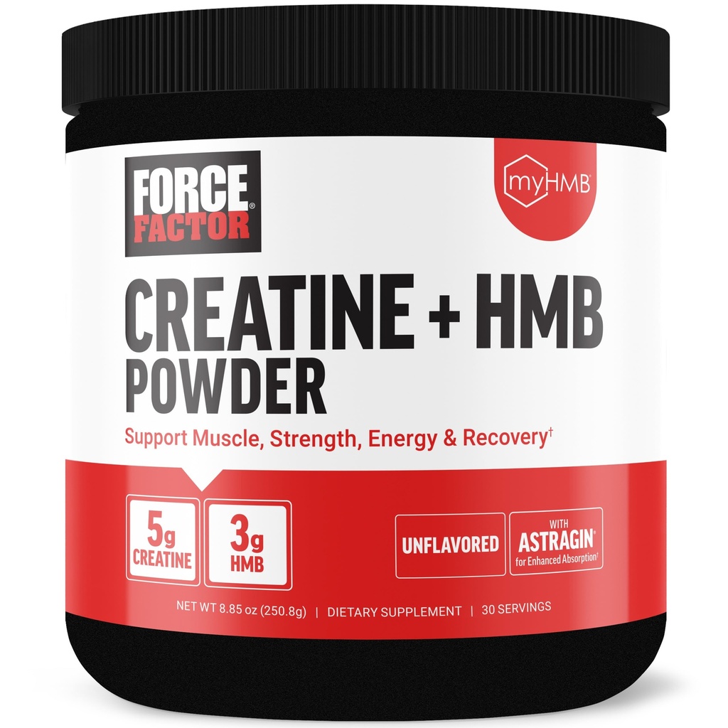 Facteur de force Creatine HMB poudre, 5g Créatine monohydraté + 3g myHMB pour la croissance musculaire, la force, l'énergie et la récupération, avec AstraGin pour l'absorption améliorée, non aromatisé, 30 portions