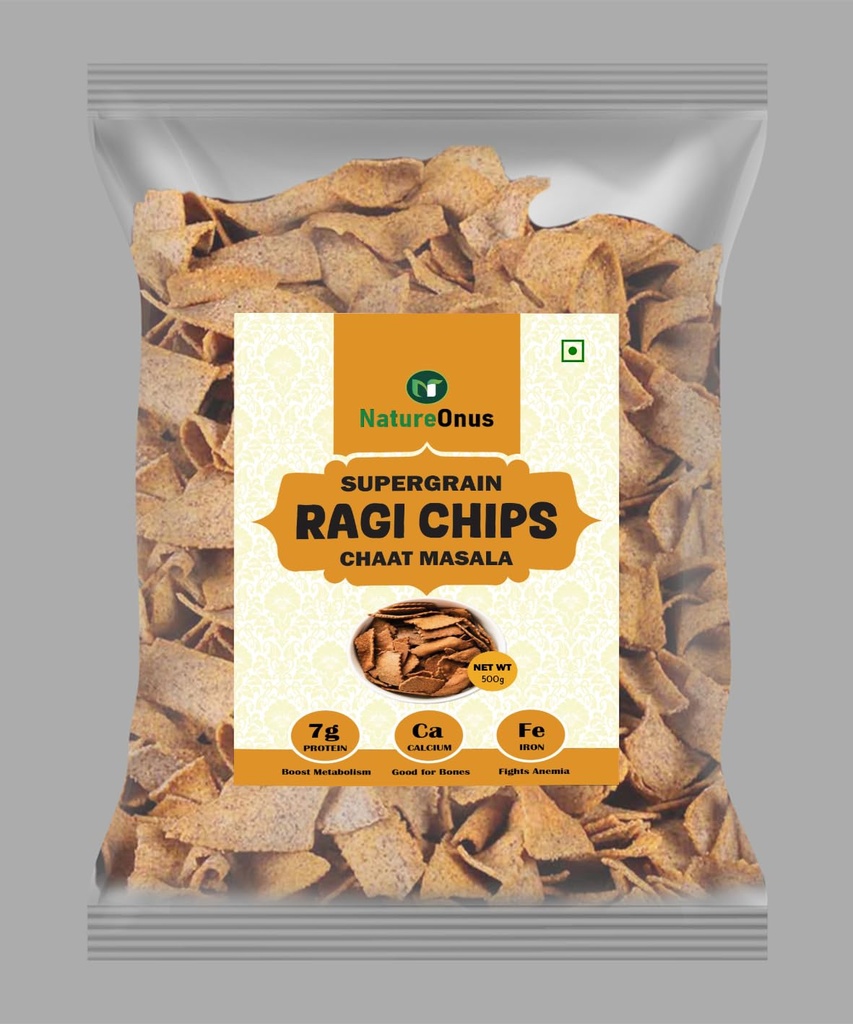 NatureOnus Ragi Chat Masala Chips 500gms | Gluten Free Finger Millets | Perfect Snacking Chips- Made with Ragi (Finger) | Millet-based Snacks | High Protein Snacks | High Fiber | Light & Crispy