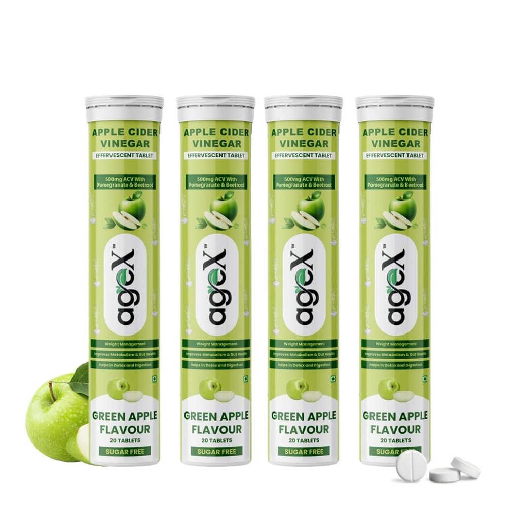 Apple Cider Vinegar Effervescent Tablet with 500mg ACV, Vit B6 & B12, Control Cravings I with Pomegranate & Beetroot I No Maltodextrin & No Added Sugar I 80 Effervescent Tablets - Green Apple (Pack of 4)