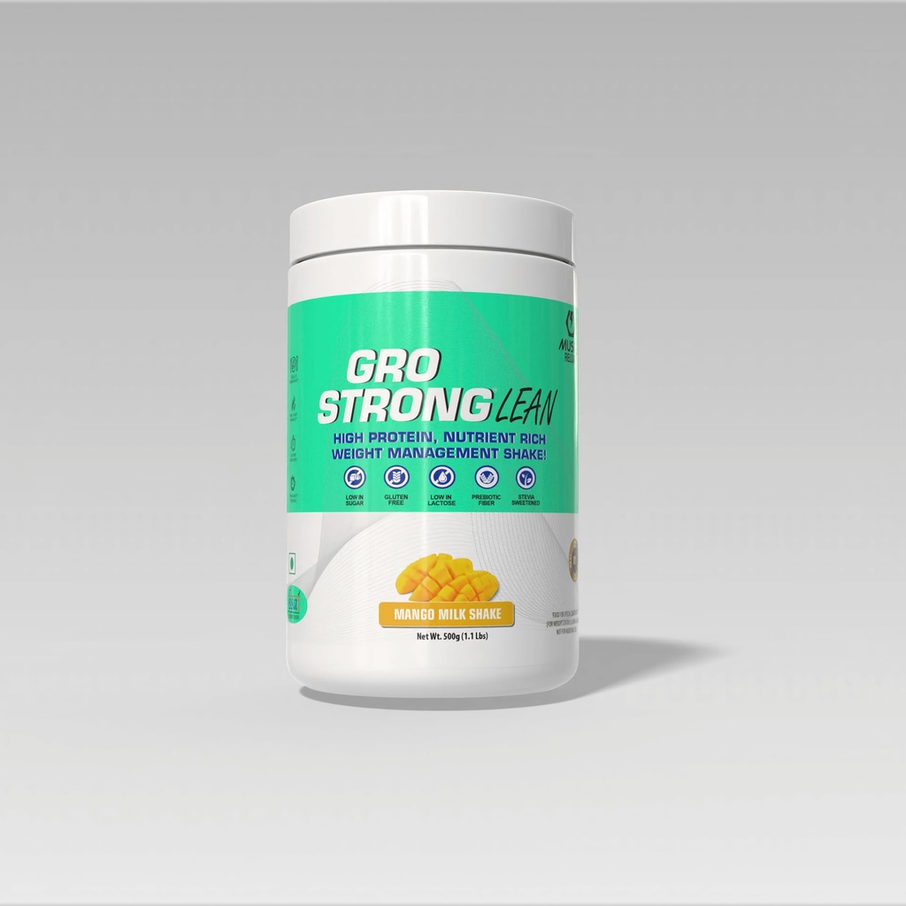 Gro Strong Lean – High Protein Weight Management Meal Replacement Shake– 500g | With 27 Vitamins & Minerals, Superfoods, Prebiotic Fiber | Low Sugar, Gluten Free, Stevia Sweetened(Mango Milk Shake)