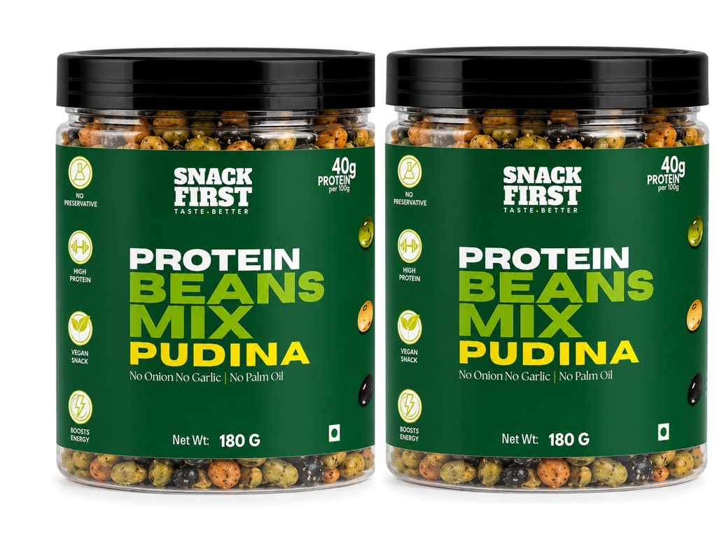 Snack First Roasted Protein Beans Mix PUDINA | No onion no garlic | no palm oil | 180G x Pack Of 2 (360g) | 40G plant protein mixture | 3 In 1 mix | edamame, soyabeans, blackbeans | high protein | gym snack | healthy snack | crunchy & delicious | high fibre | minerals & vitamins |2x180g jar | 360g