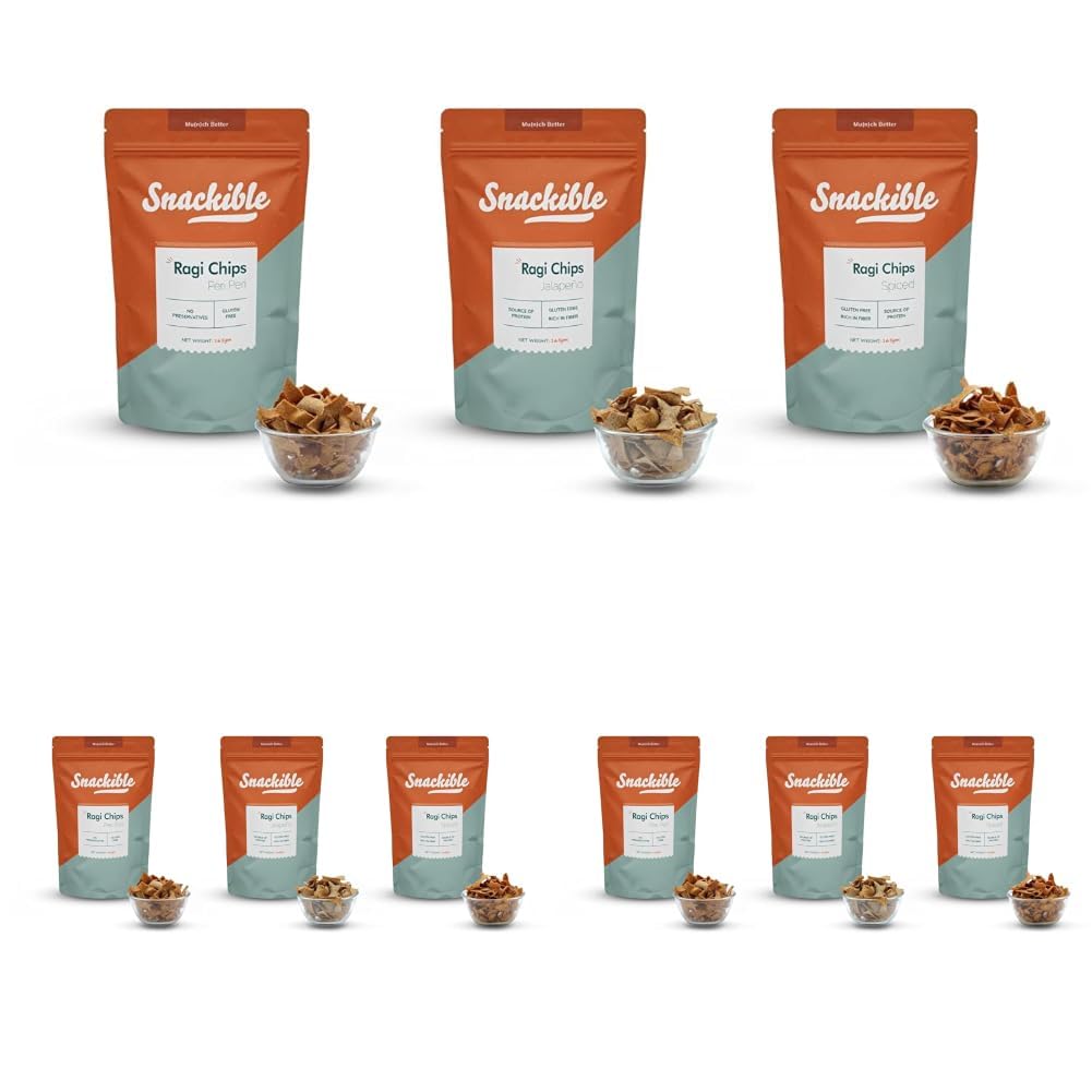 Snackible Ragi Chips - Assorted Combo (Pack of 3 Each) - 3x165gm | Jalapeno, Peri Peri, Spiced | Gluten Free |Rich in Fibre| Source of Protein | No Added Preservatives