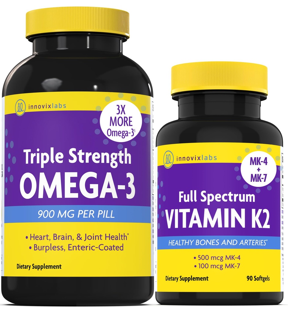 InnovixLabs Vitamine K2 & Triple Omega Bundle Full Spectrum Vitamine K2 (90 Softgels) Triple Strength Omega-3 Fish Oil (200 Softgels). Ondersteunt gezonde botten, Arteries en joints. *