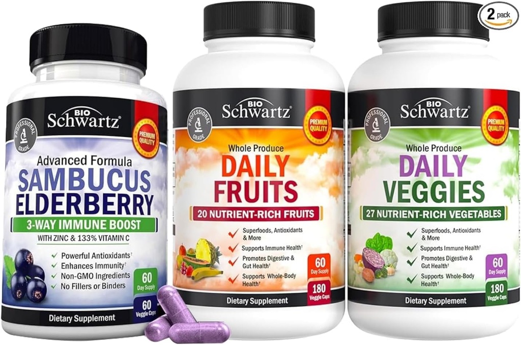 BioSchwartz Daily Fruits and Veggies Supplement for Women and Men (2 Month Supply) Plus Vlierbes met zink en vitamine C voor volwassenen Immune Support (2 Month Supply)