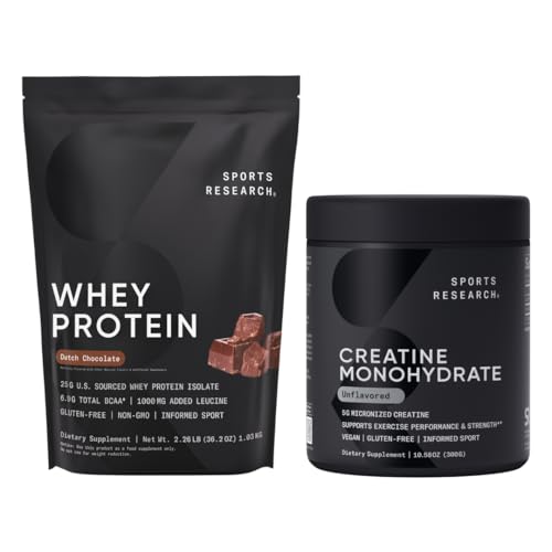 Sports Research® Creatine Monohydraat (10,58 oz) en Dutch Chocolate Whey Protein (2 lbs), The Dynamic Duo for Lean Muscle Building, Improved Performance and Strength & Workout Recovery